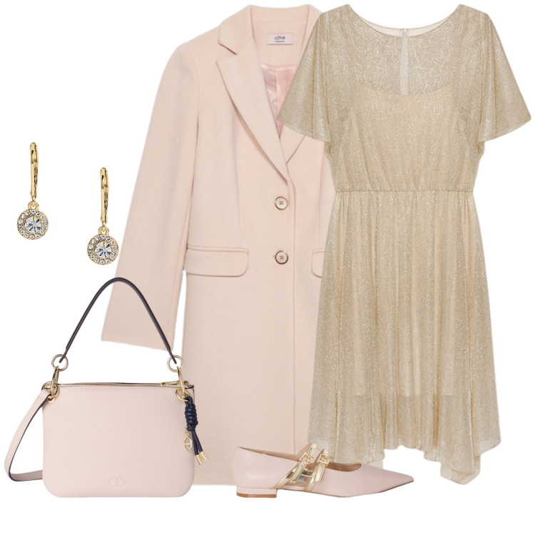 Outfit donna - Cipria. Stile Bon Ton per Serata fuori. Abbinamento con orecchini, vestiti asimmetrici, cappotti, ballerine, borse a tracolla.
