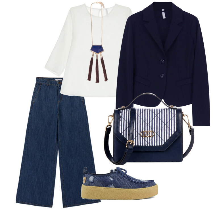 Outfit donna - Blu lunedì. per Scuola/Università. Abbinamento con borse a mano, bluse, blazer, mocassini, jeans, ciondoli.