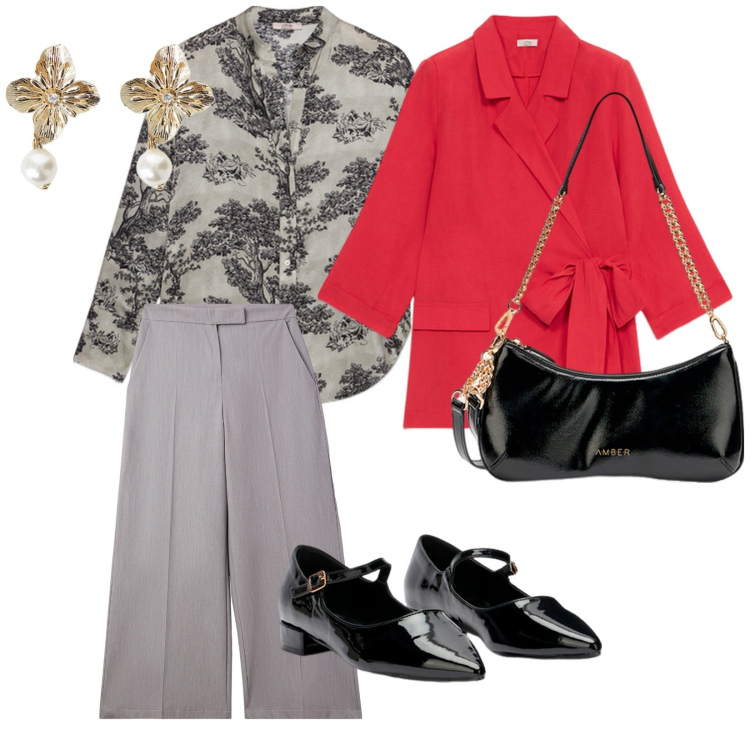 Outfit donna - Stamattina caffè al bar. per Tutti i giorni. Abbinamento con pantaloni a palazzo, orecchini, blazer, ballerine, camicie, borse a tracolla.