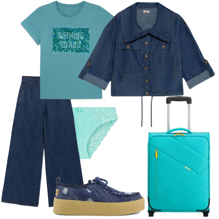 Outfit donna - Si va. Stile Casual per Tutti i giorni. Abbinamento con culotte, mocassini, jeans, blazer, t-shirt, valigie.