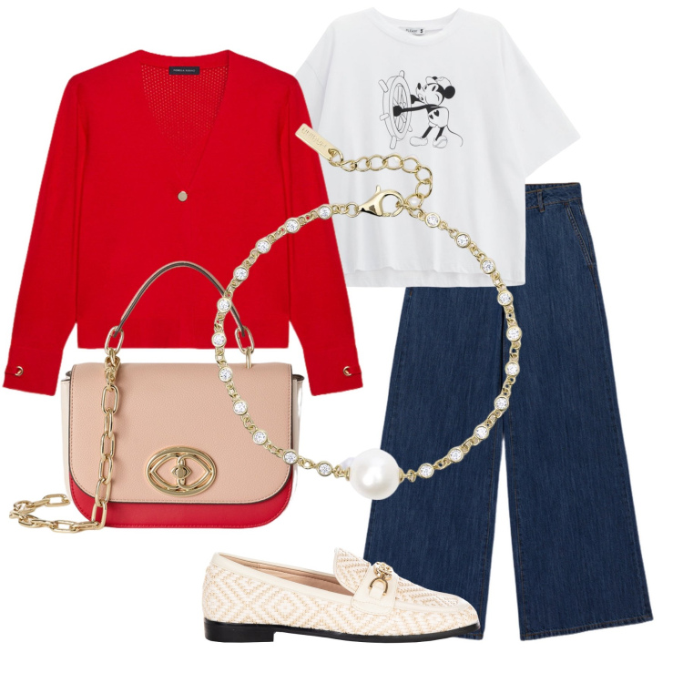 Outfit donna - Boutique. Stile Casual per Tutti i giorni. Abbinamento con braccialetti, mocassini, t-shirt, cardigans, borse a tracolla, jeans.