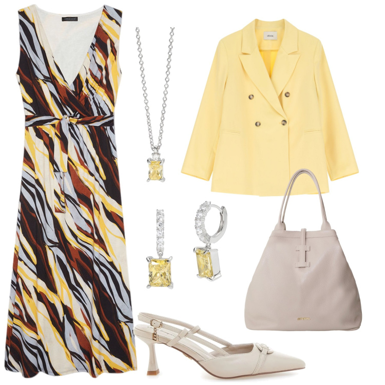 Outfit donna - Invitata ad un anniversario. Stile Bon Ton per Serata fuori. Abbinamento con orecchini, collane, borse tote, blazer, décolleté, vestiti lunghi.