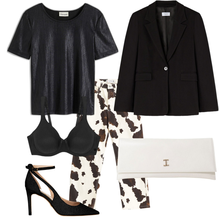 Outfit donna - Total look #2101430. Stile Vintage retrò per Serata fuori. Abbinamento con t-shirt, décolleté, pantaloni, pochette, reggiseni, blazer.