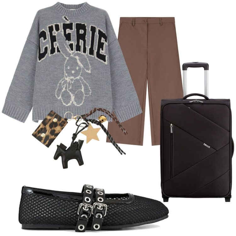Outfit donna - Con le mie ballerine ovunque. Stile Trendy per Tutti i giorni. Abbinamento con pantaloni, maglieria, portachiavi, ballerine, valigie.