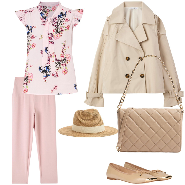 Outfit donna - Una mise raffinata. Stile Casual chic per Serata fuori. Abbinamento con bluse, pantaloni chino, cappelli, trench, borse a tracolla, ballerine.