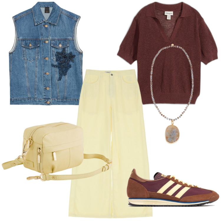 Outfit donna - I pantaloni giallo burro. Stile Casual chic per Tutti i giorni. Abbinamento con polo, pantaloni, sneakers, borse a tracolla, ciondoli, gilet.