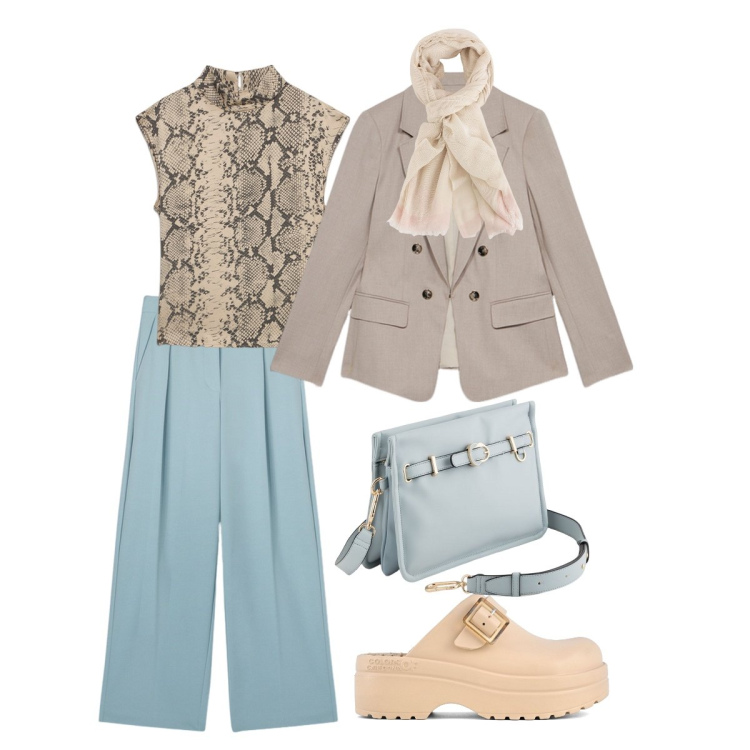 Outfit donna - Curvy Mood - Out of the Comfort zone. Stile Casual per Tutti i giorni. Abbinamento con sandali, bluse, pantaloni a palazzo, borse a tracolla, blazer, portafogli.