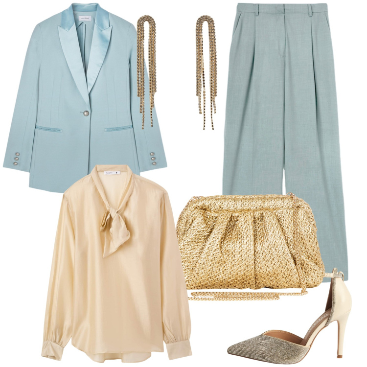 Outfit donna - Cerimonia in smoking. Stile Chic per Cerimonia. Abbinamento con décolleté, bluse, orecchini, clutch, blazer, pantaloni a palazzo.