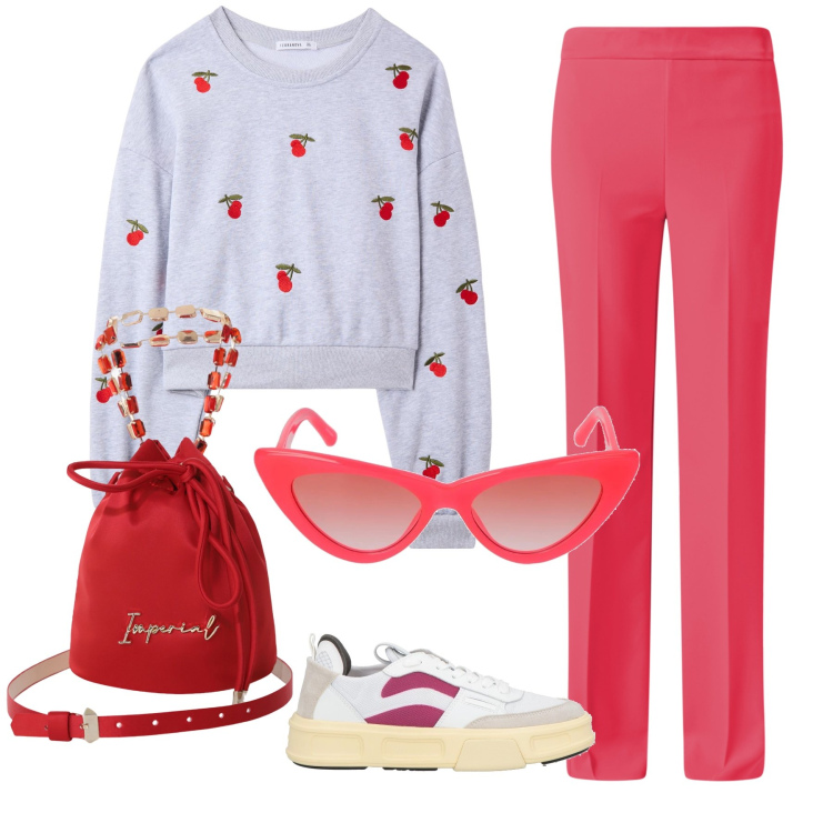 Outfit donna - Una tira l altra. Stile Casual chic per Tutti i giorni. Abbinamento con sneakers, felpe, pantaloni a palazzo, borse a secchiello, occhiali da sole.