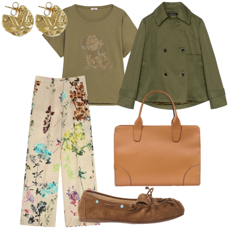 Outfit donna - Giornata relax. per Tutti i giorni. Abbinamento con pantaloni a palazzo, mocassini, trench, orecchini, borse tote, t-shirt.