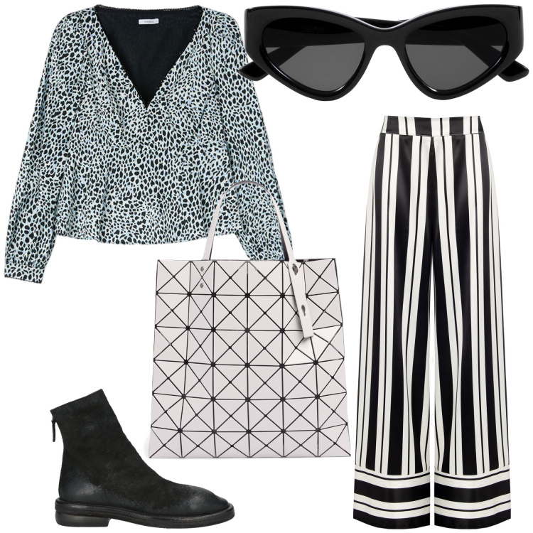 Outfit donna - Mix di stampe. Stile Urban per Ufficio. Abbinamento con stivaletti, pantaloni a palazzo, occhiali da sole, top, shopping bag.