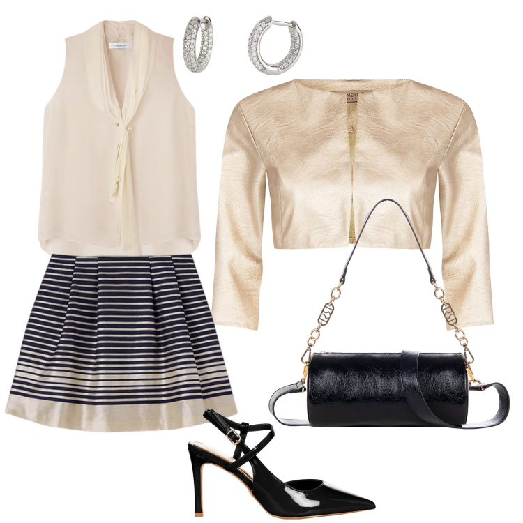 Outfit donna - Matrimonio di mattina. Stile Chic per Cerimonia. Abbinamento con orecchini, bolero, borse a mano, décolleté, minigonne, bluse.