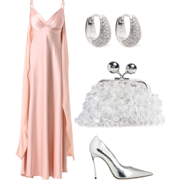 Outfit donna - Incantevole serata. Stile Glamour per Serata fuori. Abbinamento con décolleté, vestiti lunghi, pochette, orecchini.