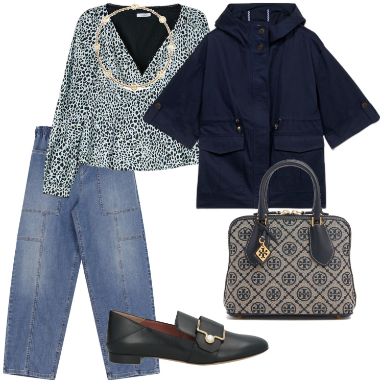 Outfit donna - Oggi nuvoloso. per Tutti i giorni. Abbinamento con mocassini, jeans, borse a mano, collane, top, parka.
