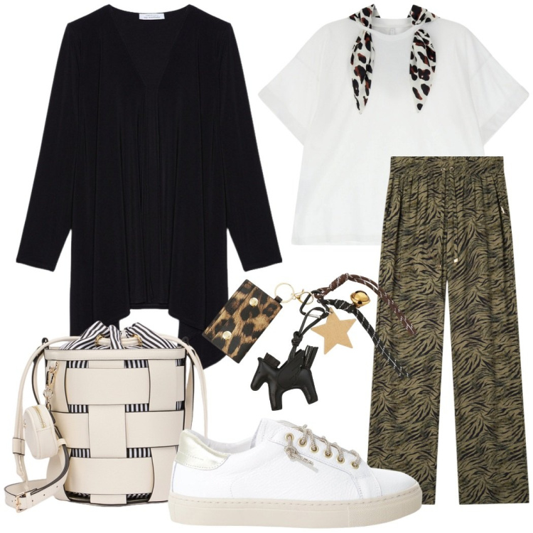Outfit donna - Tempo libero. Stile Casual chic per Tutti i giorni. Abbinamento con sneakers, t-shirt, pantaloni, portachiavi, blazer, borse a secchiello.