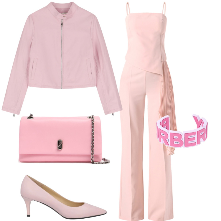 Outfit donna - Rosea serata in tuta. Stile Glamour per Serata fuori. Abbinamento con décolleté, tute, giacche, braccialetti, pochette.