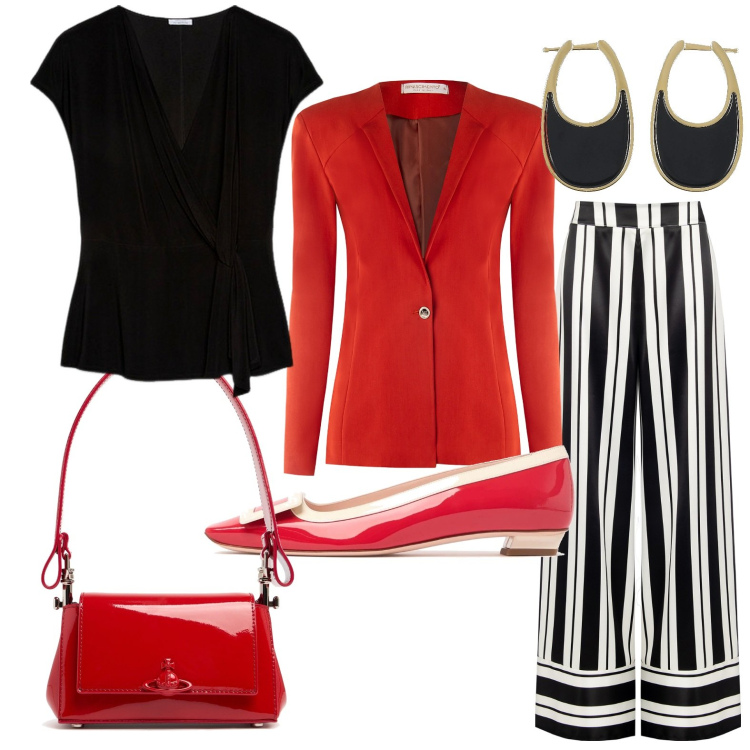 Outfit donna - Festa di compleanno. Stile Casual chic per Serata fuori. Abbinamento con pantaloni a palazzo, blazer, bluse, orecchini, borse a spalla, ballerine.
