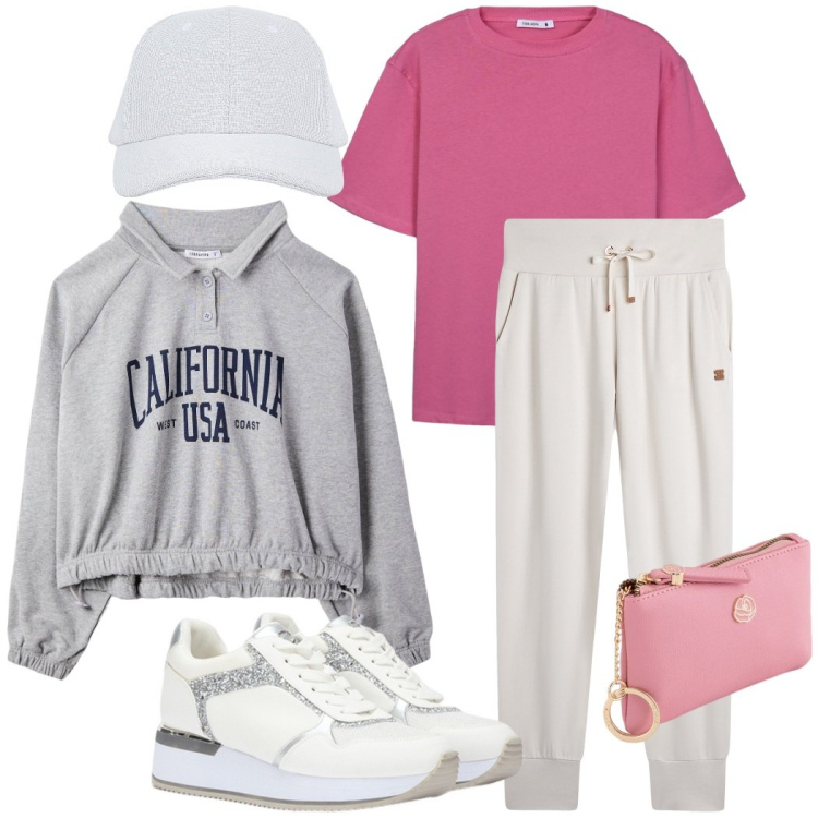 Outfit donna - Al parco. Stile Casual per Tutti i giorni. Abbinamento con t-shirt, cappelli con visiera, felpe, pantaloni, sneakers, portamonete.