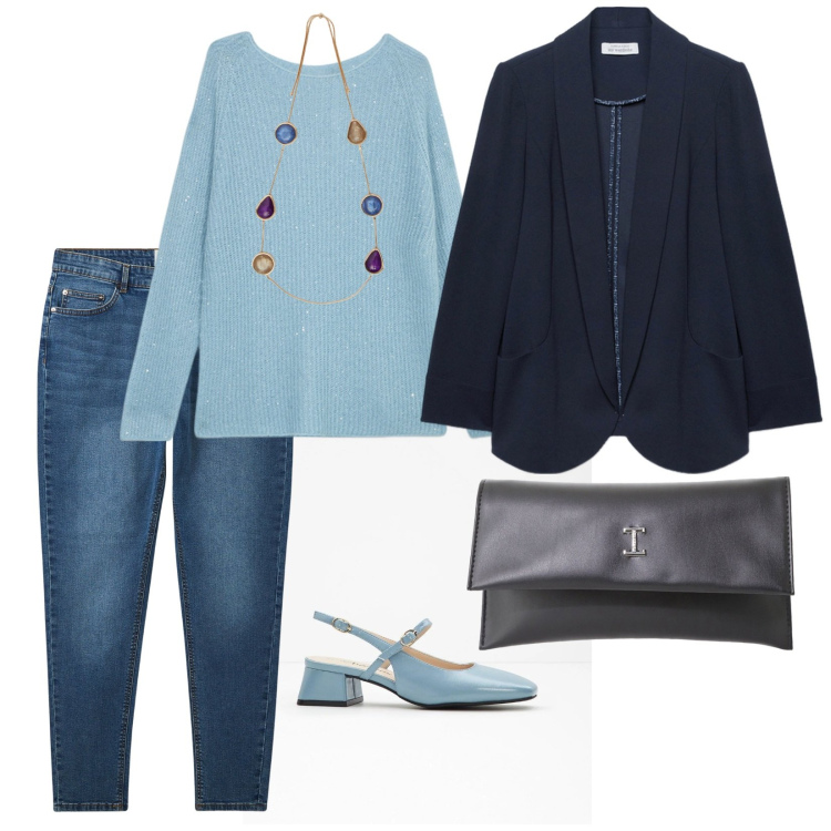 Outfit donna - Passeggiata in centro. per Tutti i giorni. Abbinamento con décolleté, jeans skinny, pochette, maglieria, blazer, collane.
