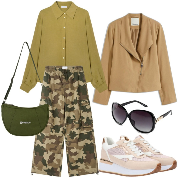Outfit donna - Urban style. Stile Military per Tutti i giorni. Abbinamento con occhiali da sole, bomber, pantaloni cargo, borse a spalla, sneakers, camicie.