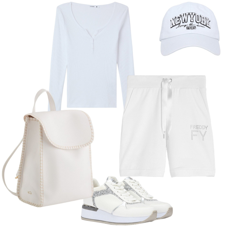 Outfit donna - Due passi in bianco. Stile Casual chic per Tutti i giorni. Abbinamento con cappelli, t-shirt, pantaloni corti, zaini, sneakers.