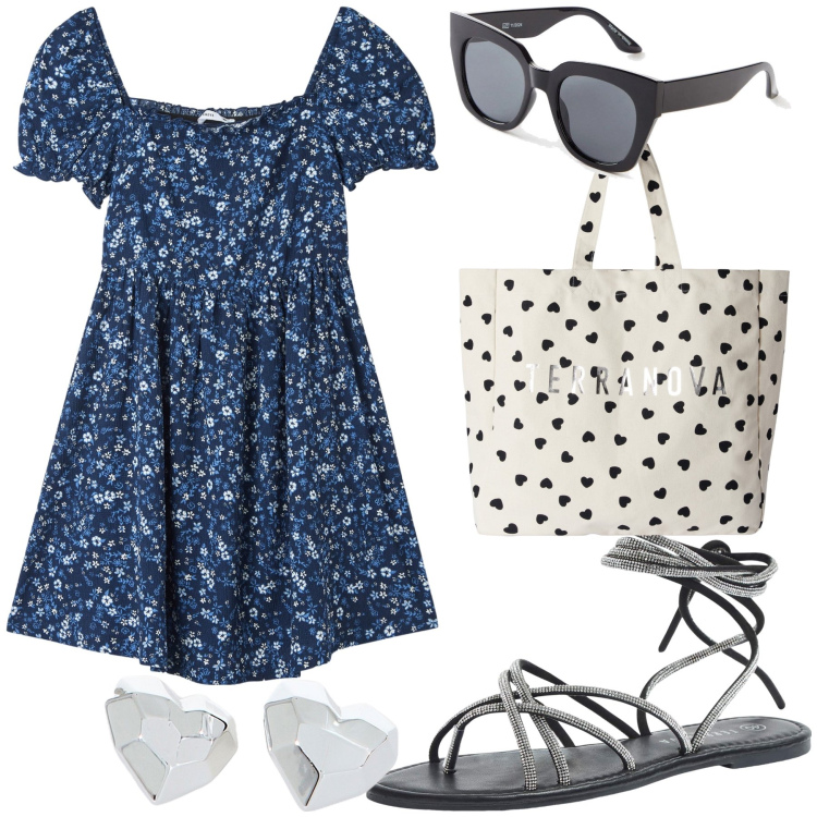 Outfit donna - Un amore di primavera. Stile Trendy per Tutti i giorni. Abbinamento con occhiali da sole, sandali alla schiava, vestiti corti, borse tote, orecchini.