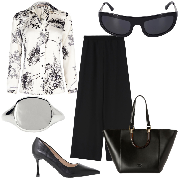 Outfit donna - City. Stile Chic per Ufficio. Abbinamento con anelli, camicie, décolleté, pantaloni a palazzo, occhiali da sole, shopping bag.