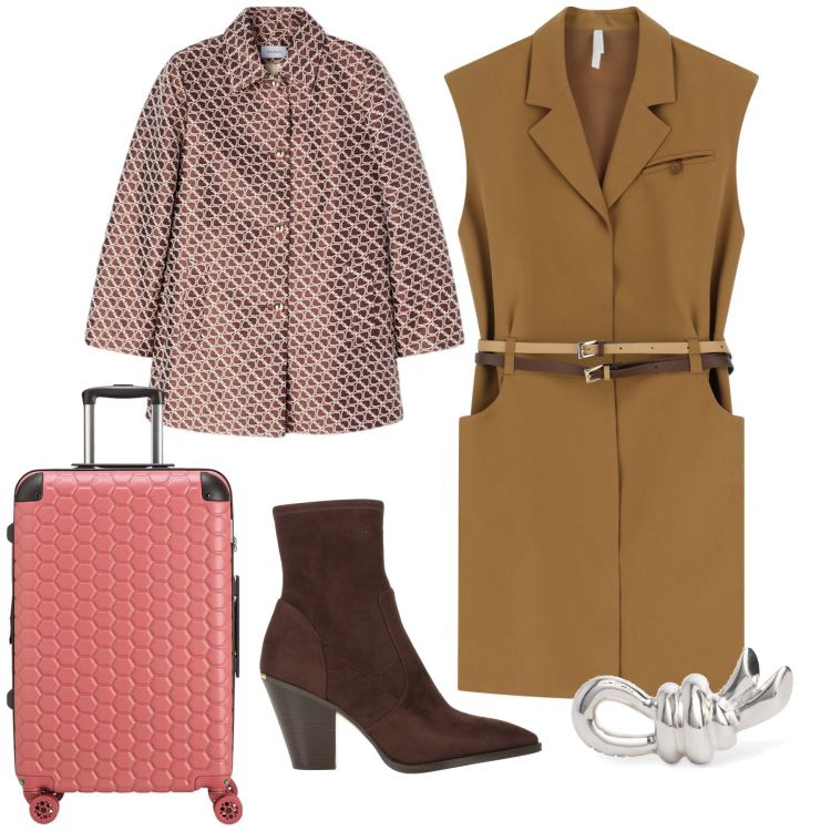 Outfit donna - Lavoro fuori città. Stile Urban per Ufficio. Abbinamento con stivaletti texani, vestiti corti, cappotti, orecchini, valigie.