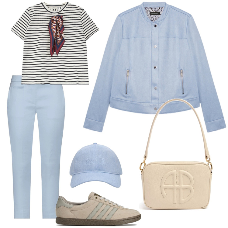 Outfit donna - Total look. Stile Sporty chic per Tutti i giorni. Abbinamento con pantaloni, t-shirt, blazer, cappelli, sneakers, borse a spalla.