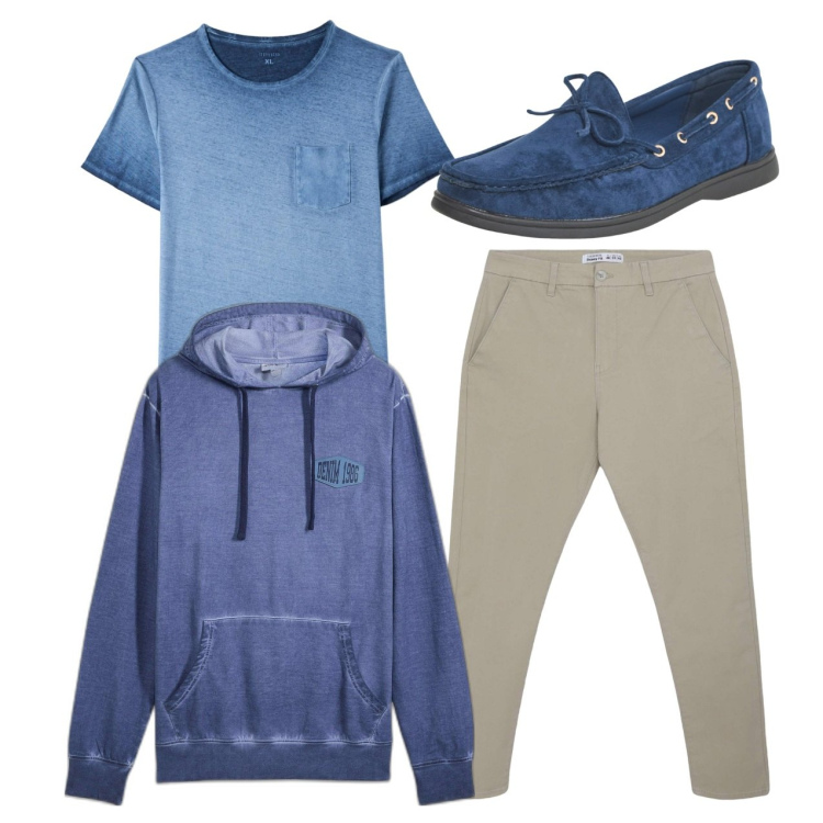 Outfit uomo - Verso maggio. Stile Casual per Tutti i giorni. Abbinamento con felpe con cappuccio, t-shirt, scarpe stringate, pantaloni chino.
