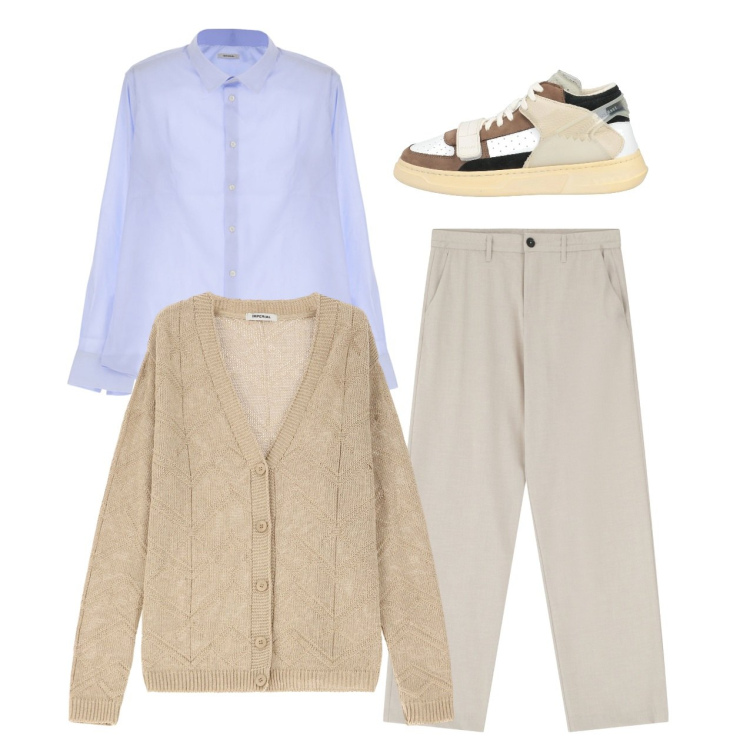 Outfit uomo - Cardigan primaverile. Stile Casual per Tutti i giorni. Abbinamento con sneakers alte, cardigans, pantaloni, camicie.