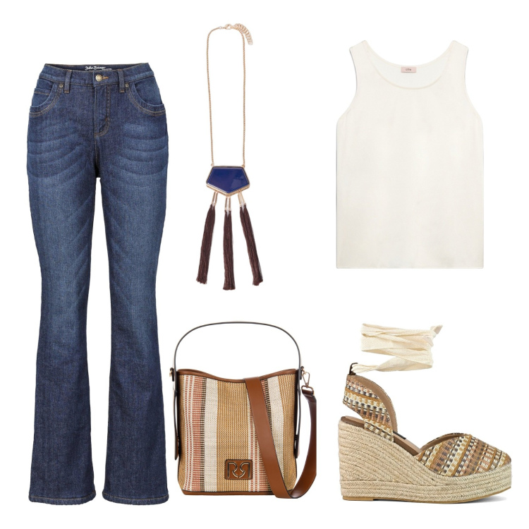 Outfit donna - The necklace takes it all. Stile Urban per Tutti i giorni. Abbinamento con jeans bootcut, borse a secchiello, zeppe, top, ciondoli.