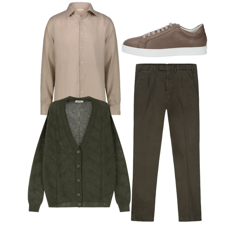 Outfit uomo - Oliva e nocciola. Stile Casual per Tutti i giorni. Abbinamento con sneakers, cardigans, pantaloni, camicie.