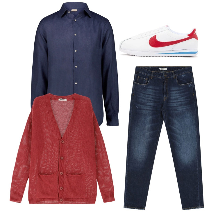 Outfit uomo - Rosso e blu. Stile Casual per Tutti i giorni. Abbinamento con cardigans, jeans dritti, camicie, sneakers.