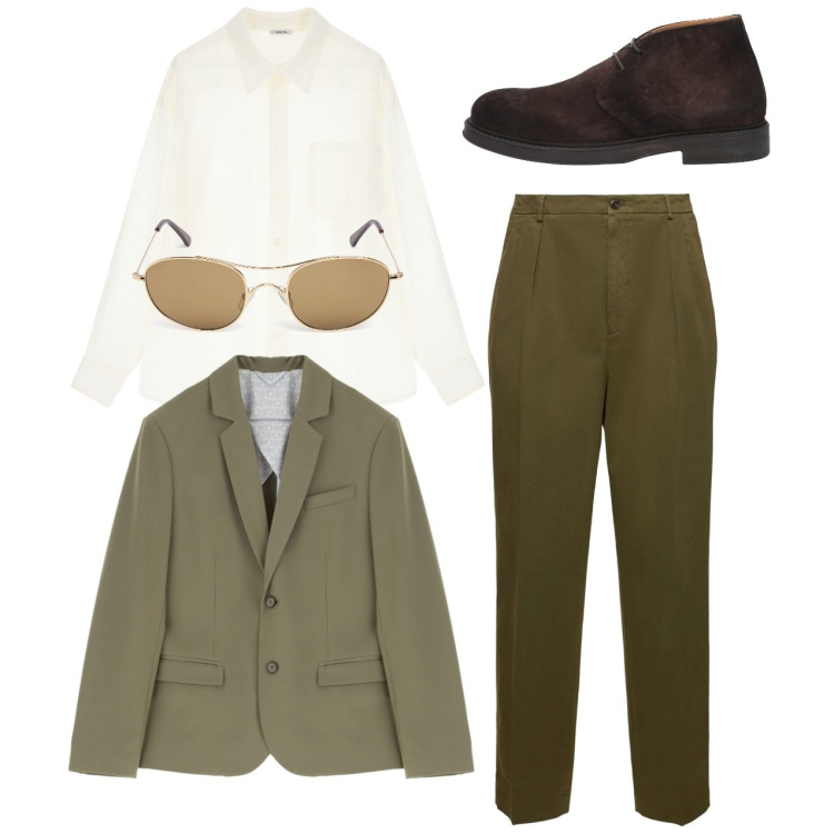 Outfit uomo - Completo muschio. Stile Business/Elegante per Tutti i giorni. Abbinamento con stivali e stivaletti, giacche, camicie, pantaloni, occhiali da sole.