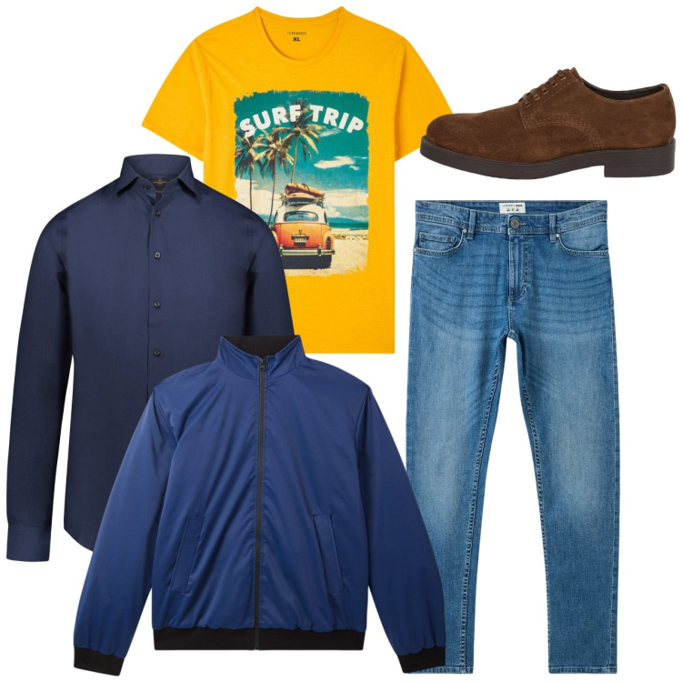 Outfit uomo - Sul lungomare. Stile Casual per Tutti i giorni. Abbinamento con jeans skinny, t-shirt, giacche, camicie, scarpe stringate.