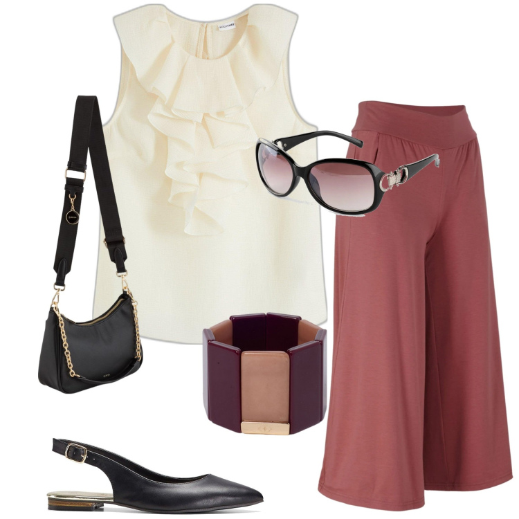 Outfit donna - Total look #2101547. Stile Basic per Tutti i giorni. Abbinamento con pantaloni culotte, ballerine, bluse, occhiali da sole, borse a tracolla, braccialetti.