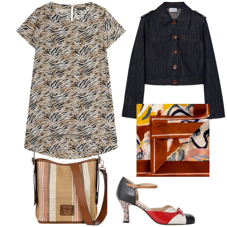 Outfit donna - Città. Stile Urban per Tutti i giorni. Abbinamento con foulard, borse a secchiello, vestiti midi/longuette, décolleté, blazer.