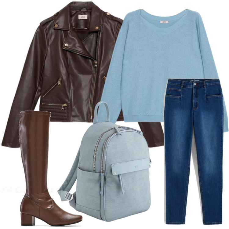 Outfit donna - Lo zaino passpartout. Stile Casual per Scuola/Università. Abbinamento con jeans mom, stivali, maglieria, zaini, blazer.