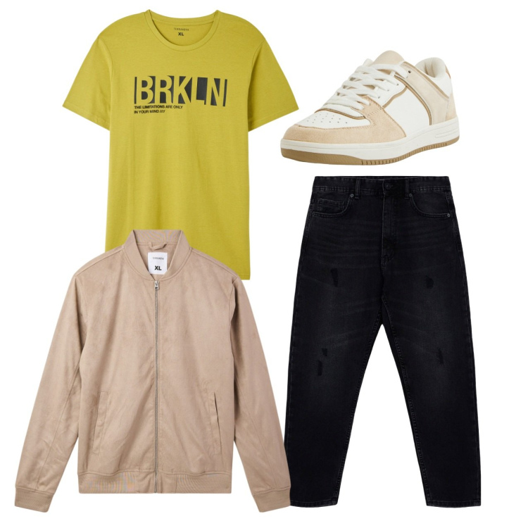Outfit uomo - Bomber. Stile Casual per Tutti i giorni. Abbinamento con sneakers, bomber, t-shirt, jeans strappati.
