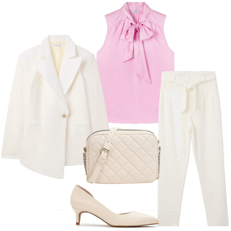 Outfit donna - Sofisticata. Stile Chic per Serata fuori. Abbinamento con décolleté, blazer, pantaloni chino, borse a tracolla, top.
