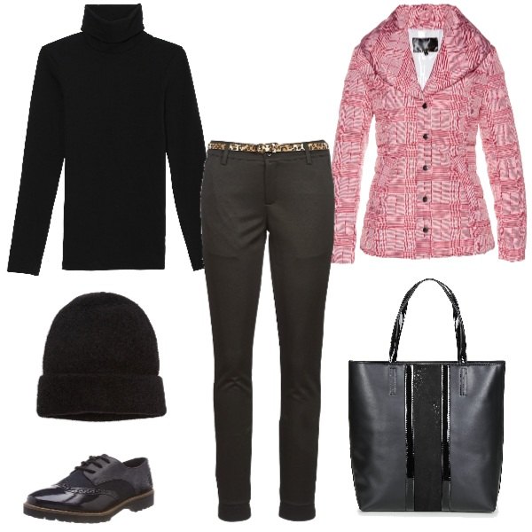 Outfit donna - Bimbi e ufficio. Stile Urban per Tutti i giorni. Abbinamento con cappotti, pantalone nero, shopping bag multicolore, maglia con cerchi collo alto a maniche lunghe nero, scarpe navy, berretto in in maglia taglia unica nero.