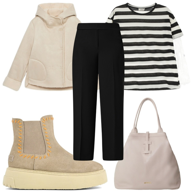 Outfit donna - Total look #2101580. Stile Trendy per Tutti i giorni. Abbinamento con borse tote, t-shirt, pantaloni a palazzo, blazer, stivaletti.