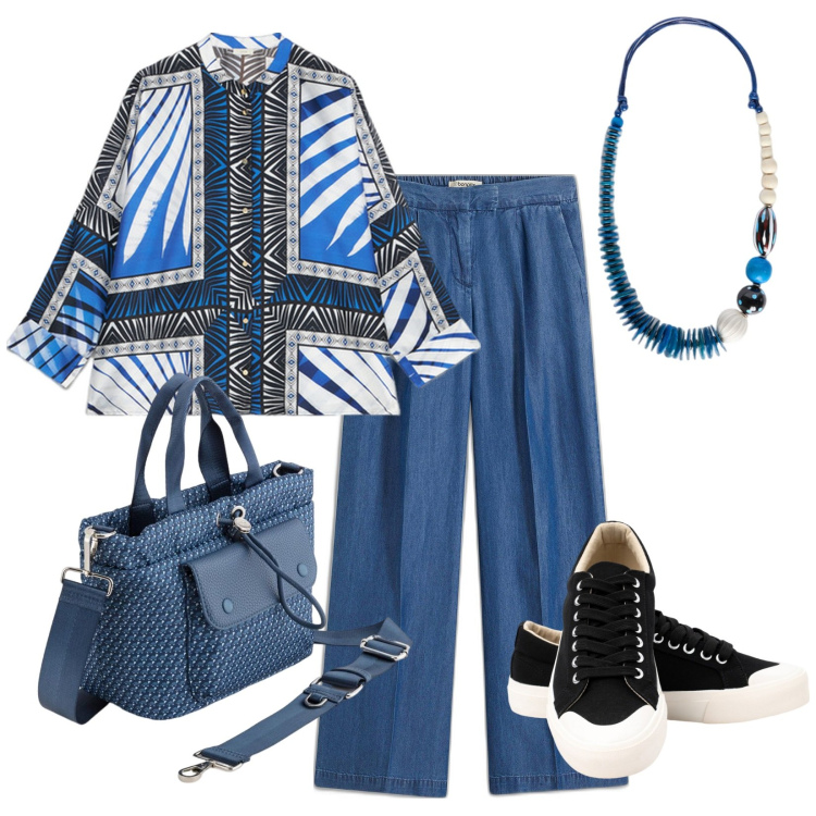 Outfit donna - Collana pietre dure. Stile Casual per Tutti i giorni. Abbinamento con pantaloni, sneakers, collane, camicie, borse a mano.