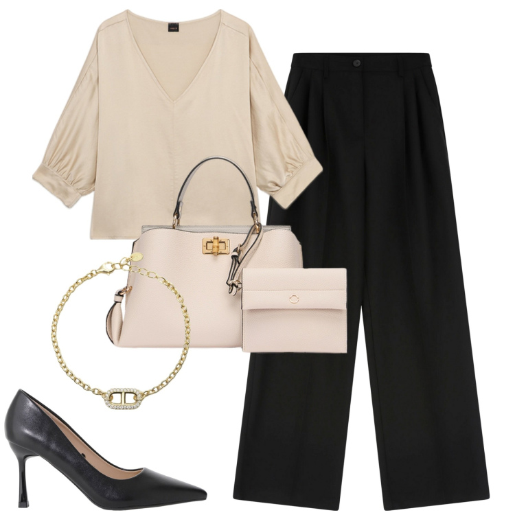 Outfit donna - City. Stile Urban per Tutti i giorni. Abbinamento con braccialetti, pantaloni, décolleté, bluse, borse a mano.