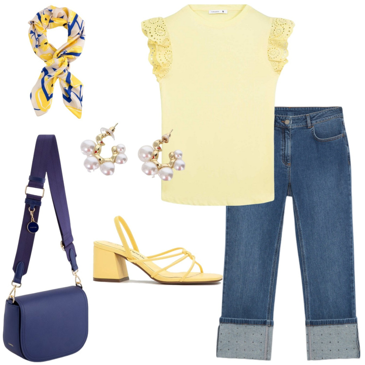Outfit donna - Giallo Burro e blu. Stile Casual chic per Tutti i giorni. Abbinamento con sandali col tacco, t-shirt, orecchini, foulard, borse a tracolla, jeans.