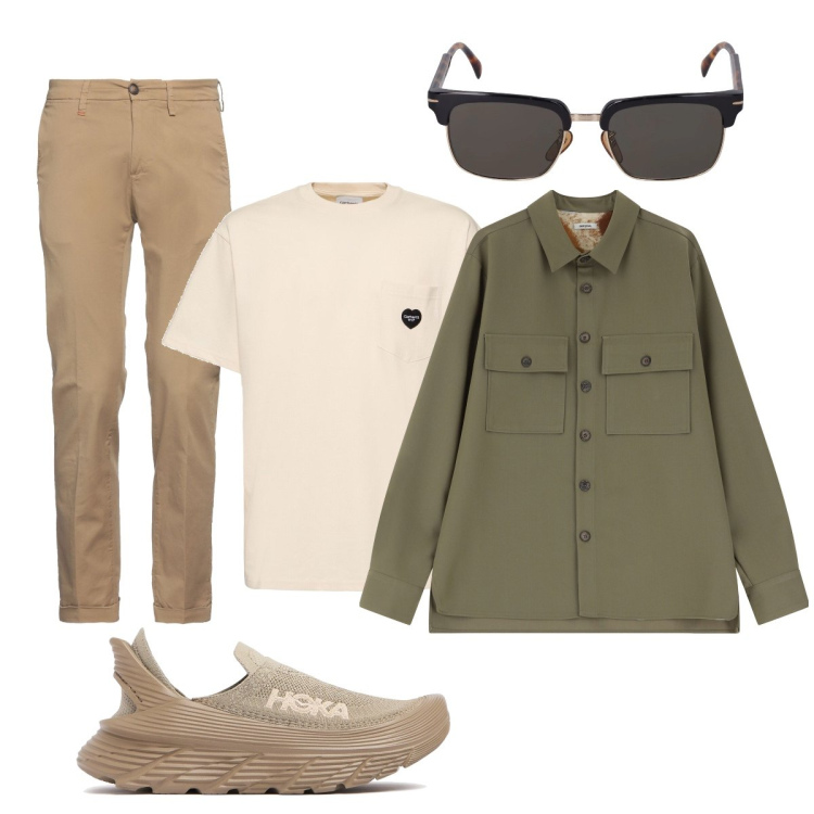 Outfit uomo - Smart casual. Stile Trendy per Tutti i giorni. Abbinamento con pantaloni chino, camicie, occhiali da sole, t-shirt, sneakers.