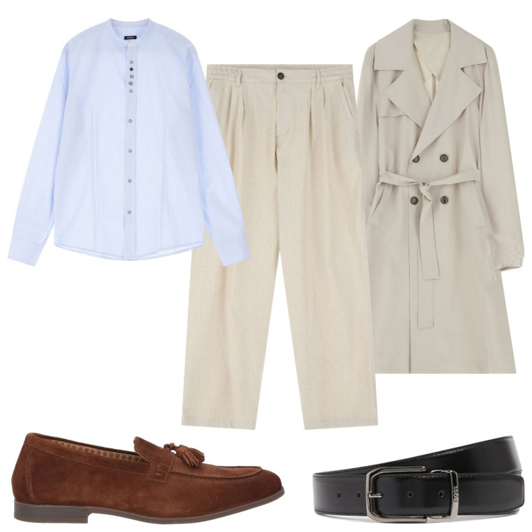 Outfit uomo - Total look #2101605. Stile Casual per Ufficio. Abbinamento con scarpe stringate, camicie, pantaloni, trench, cinture.