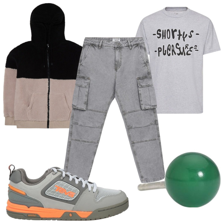 Outfit uomo - Total look #2101613. Stile Urban per Tutti i giorni. Abbinamento con sneakers, felpe con cappuccio, jeans, orecchini, t-shirt.