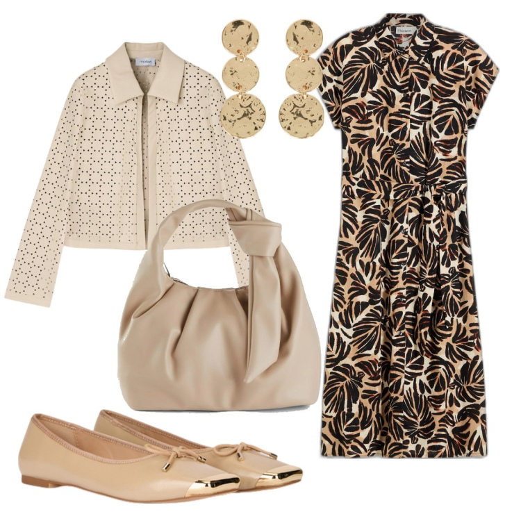 Outfit donna - Ballerine raffinate. Stile Chic per Tutti i giorni. Abbinamento con borse a mano, vestiti midi/longuette, ballerine, orecchini, blazer.